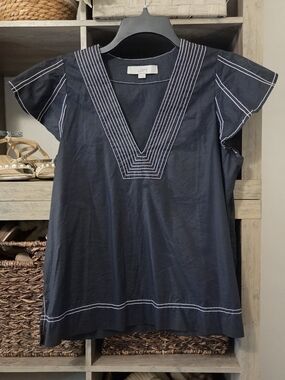 LOFT Navy V-Neck Top with White Contrast Stitching
